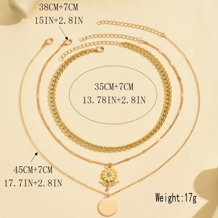 Wholesale Sunflower round pendant, three-layer necklace, women's niche, versatile, high-end, collarbone chain necklace