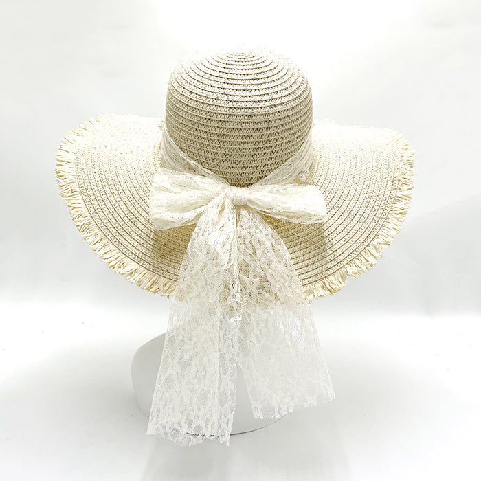 Wholesale Pearl Bow Raw Edge Straw Hat Summer Breathable Lace Streamer Straw Hat