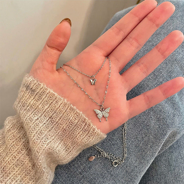 Wholesale New Flash Diamond Double layer Butterfly Pendant Clavicle Chain, niche, light luxury, versatile necklace, fashionable design sense new