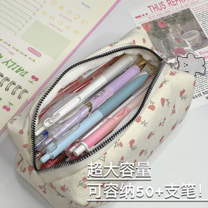Wholesale Canvas Cream Floral Pencil Case Large Capacity Makeup Bag