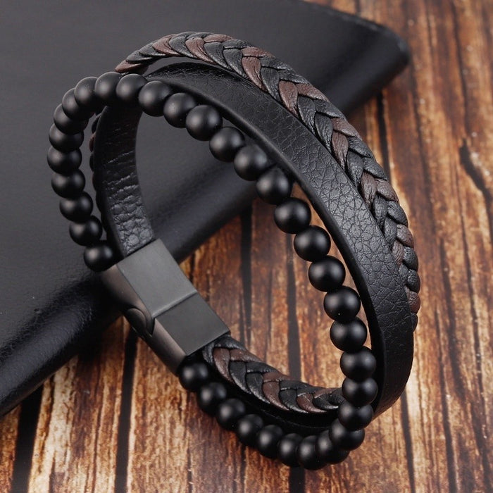 Wholesale Volcanic Stone Multi-layer Leather Men's Bracelet JDC-BT-FengH003