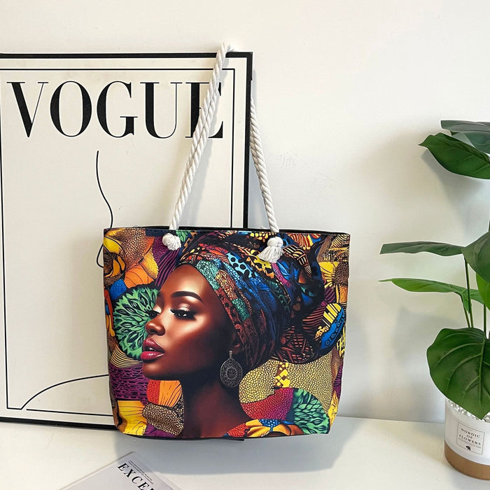 Wholesale Outdoor practical versatile retro canvas bag cartoon print portable beach bag large capacity