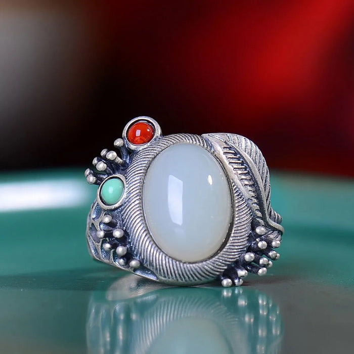 Wholesale Ring with palace-style setting featuring a peace talisman and leaf motif