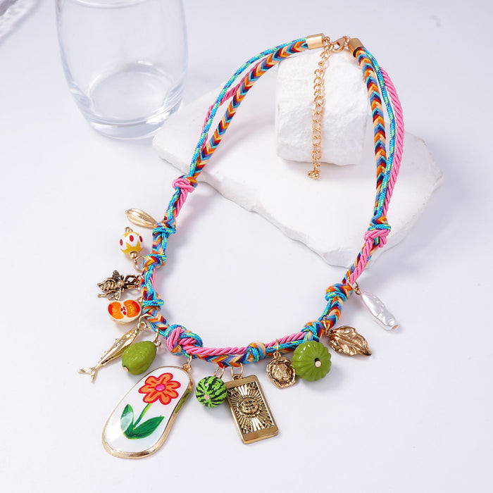 Wholesale Hand-Woven Rope Alloy Flower Fruit Pendant Women's Necklace