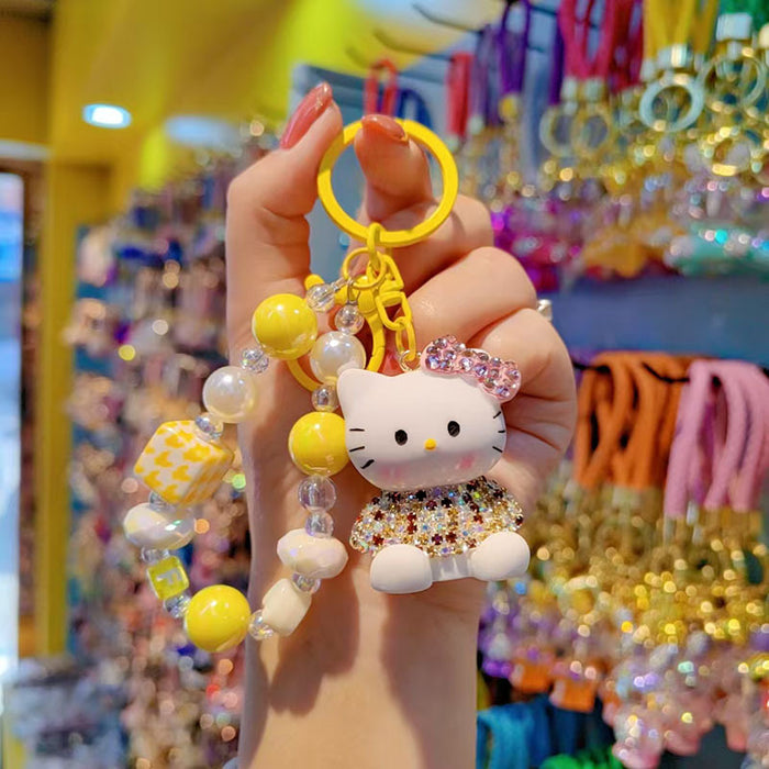 Wholesale Czech Rhinestone Cartoon Cat Keychain Cute Ladies Beaded Bag Charm Phone Pendant Car Key Accessory