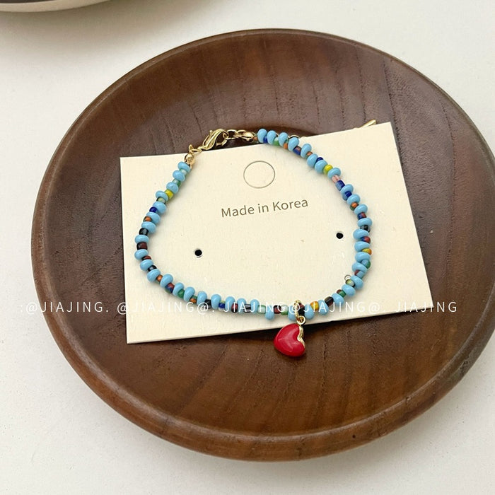 Wholesale Blue bead red heart bracelet, new bracelet with niche design and temperament