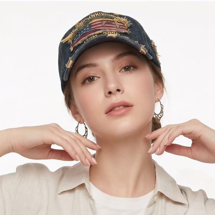 Wholesale USA Flag Embroidered Distressed Denim Baseball Cap - Patriotic Independence Day Gift Fashion Accessory