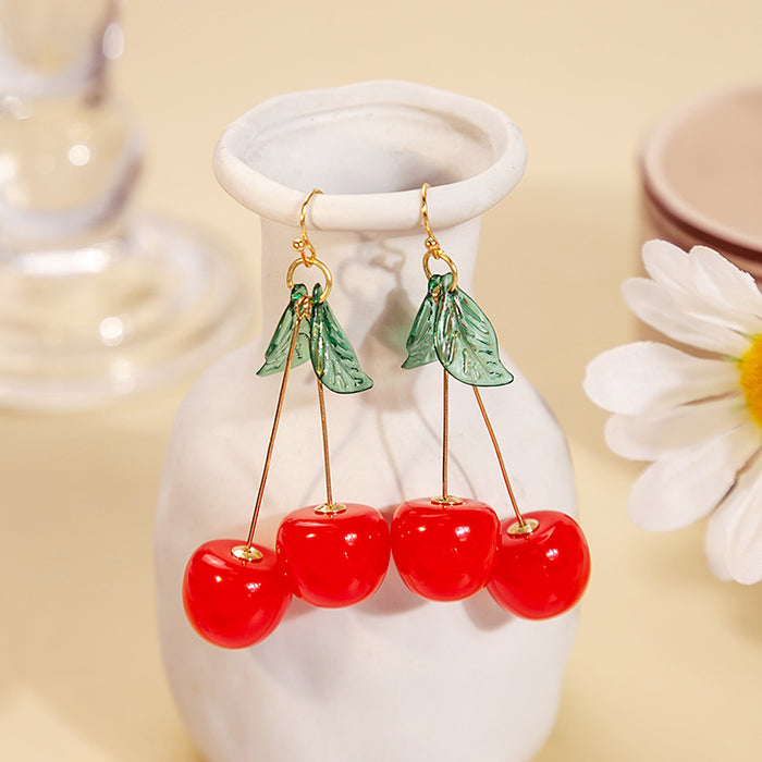 Wholesale Fruit Cherry Earrings Internet Celebrity Ins Delicate Green Leaf Earrings Cartoon Cute Elegant Student Resin Earrings