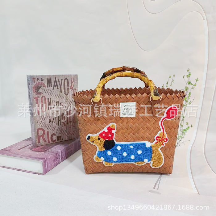 Wholesale Cute Cartoon Rags Woven Bag Imitation Straw Woven Bag Seaside Shoulder Handbag