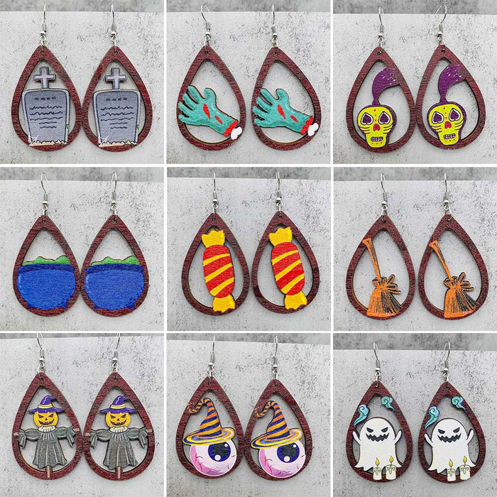 Wholesale   earrings horror ghost witch medicine jar printed wooden earrings holiday jewelry