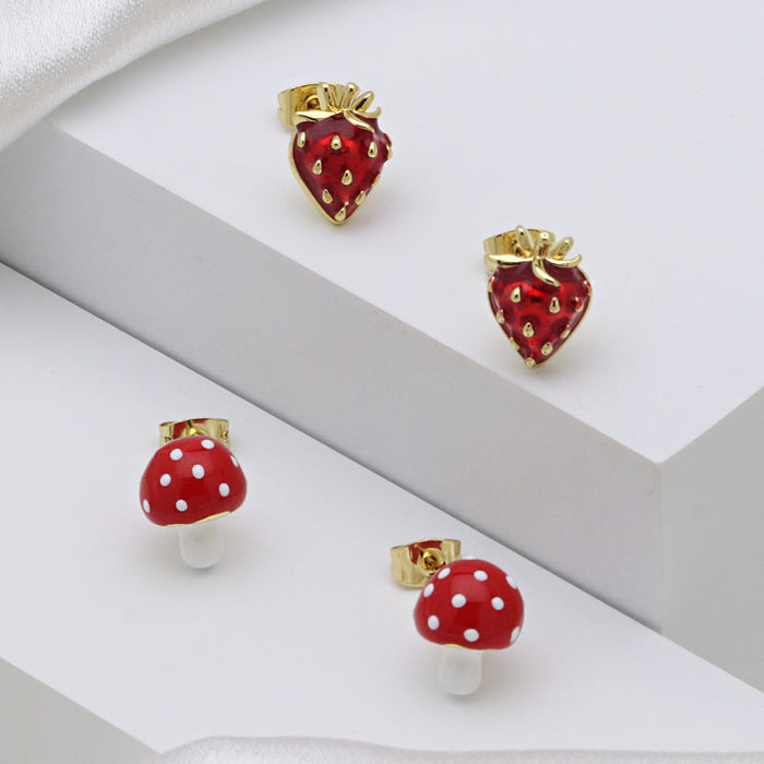 Wholesale Heart-shaped red strawberry apple mushroom color oil ear buckle ear clip earrings jewelry