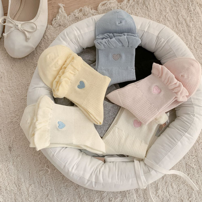 Wholesale Socks with heart-shaped embroidery, thin cotton bubble edge, short tube socks, boneless and breathable