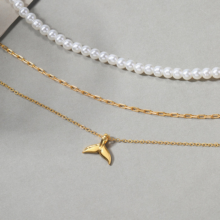 Wholesale Luxury Pearl Multi layer Stacked Necklace Versatile High end Fishtail Chain Pendant
