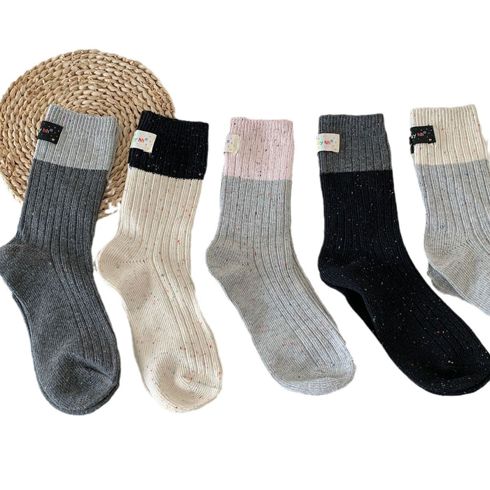 Wholesale Color blocked heel fabric label, thick needle socks, dotted yarn, middle tube, stacked socks