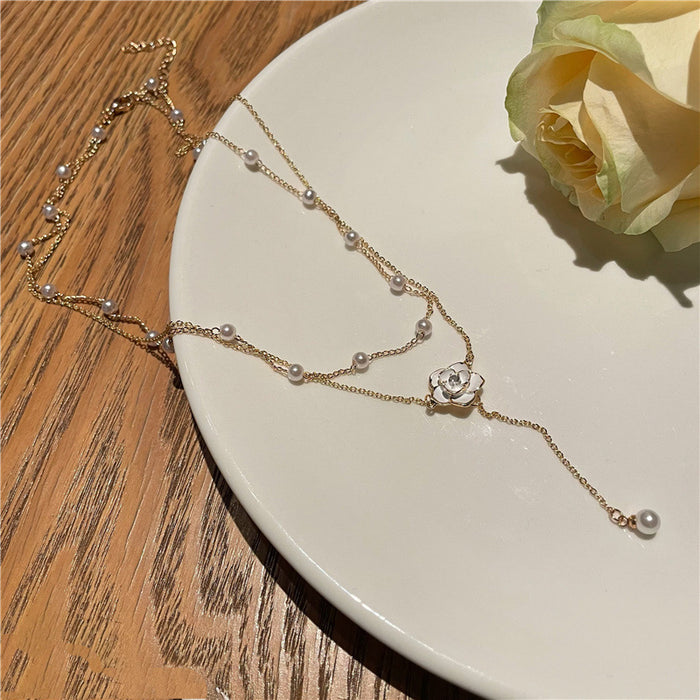 Wholesale Double layered tassel pearl necklace with niche design, collarbone chain, light luxury, temperament, neck chain