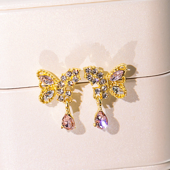 Wholesale Color Diamond Hollow Butterfly Water Drop Tassel Alloy Stud Earrings JDC-ES-QingH010