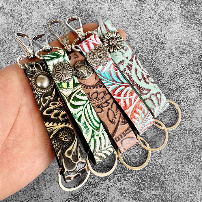 Wholesale Western Genuine Leather Embossed Keychain Retro Multi-Color Bag Pendant