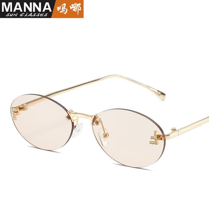 Wholesale Elliptical frame small frame sunglasses, new frameless cut edge personalized glasses, dot diamond sunglasses