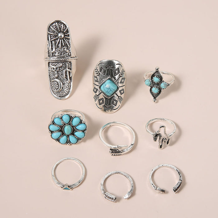 Wholesale Retro Jewelry Cactus Turquoise Sunflower 9-Piece Alloy Set Ring