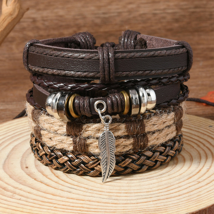 Wholesale New retro minimalist style feather alloy multi-layer leather pull-out 4-piece men's bracelet set