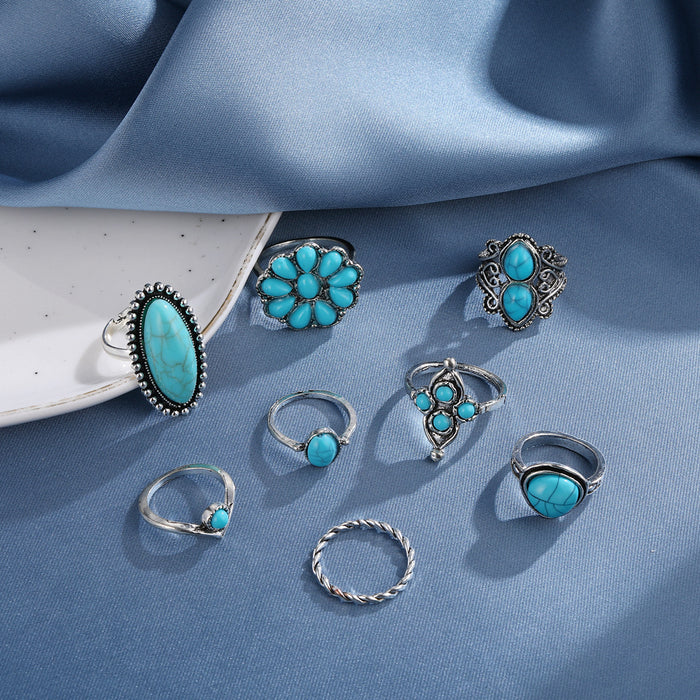 Wholesale Retro Bohemian Turquoise 8-piece Set Ring