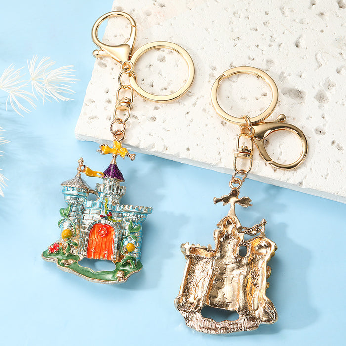 Wholesale Dreamy Fairy Tale Castle Keychain Zinc Alloy Blue Rhinestone Bag Charm