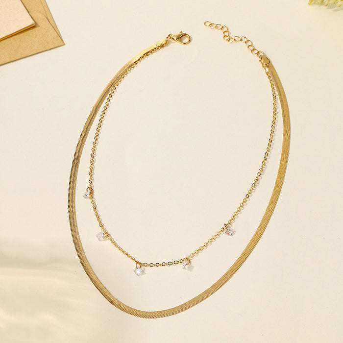 Wholesale New style of jewelry, simple diamond inlaid pendant, niche, thick chain, stacked necklace