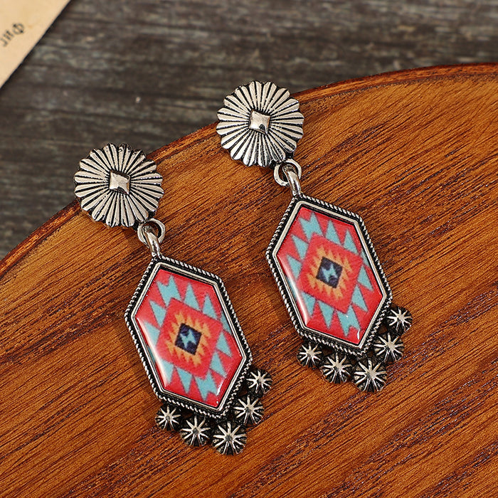 Wholesale Geometric printing diamond pattern tassel alloy earrings