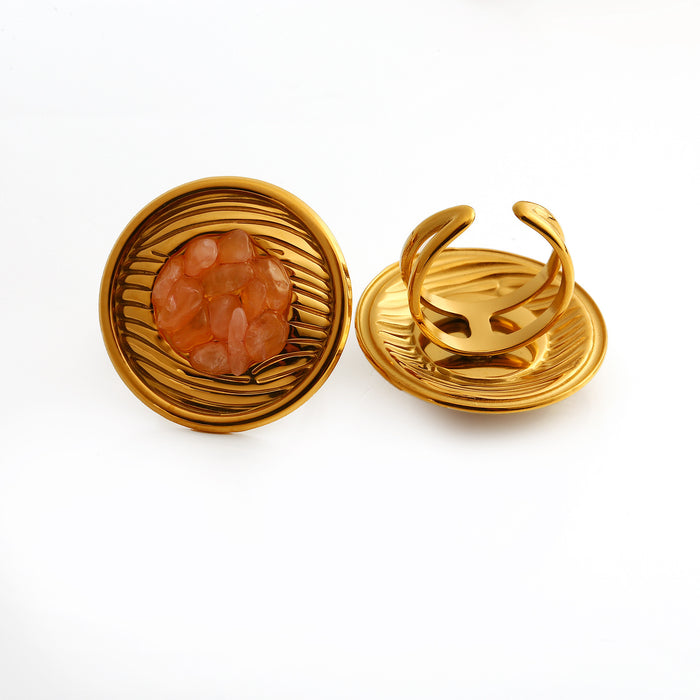 Wholesale New Fashionable Luxury Design Stainless Steel Circular Texture Set with Natural Stone Opening Ring and Earring Set