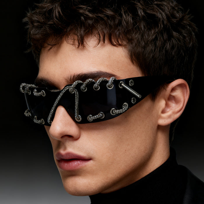 Wholesale Cyberpunk Rimless Rhinestone Sunglasses with Metal Rings and Rivets