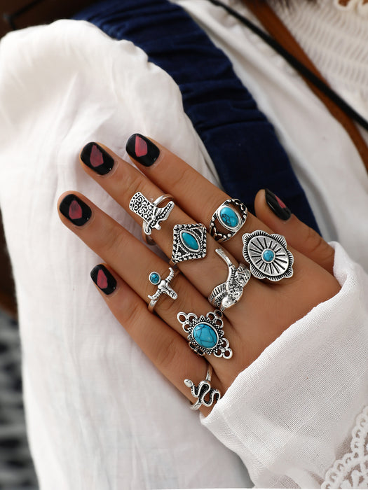 Wholesale Retro Bohemian turquoise cactus carved multi-piece suit ring