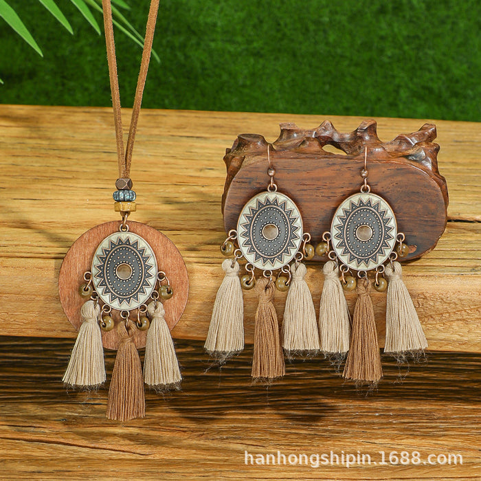 Wholesale Bohemian Handmade Tassel Earring and Necklace Set Alloy Geometric Circle Fashion MOQ≥2