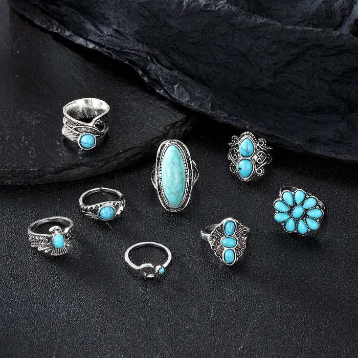 Wholesale Turquoise Carved Feather Ring Set