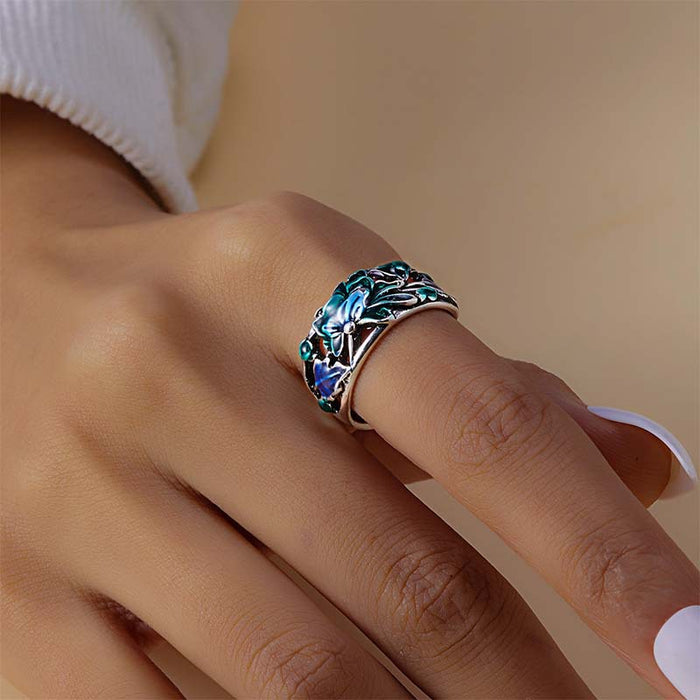 Wholesale Indigo oil Blue Plum Blossom ring niche national fashion ethnic style ring