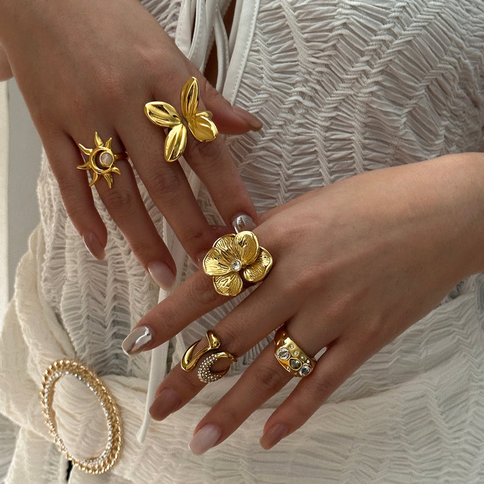 Wholesale Butterfly Sun Open Ring Stainless Steel Gold Plated Fashion Jewelry Accessory