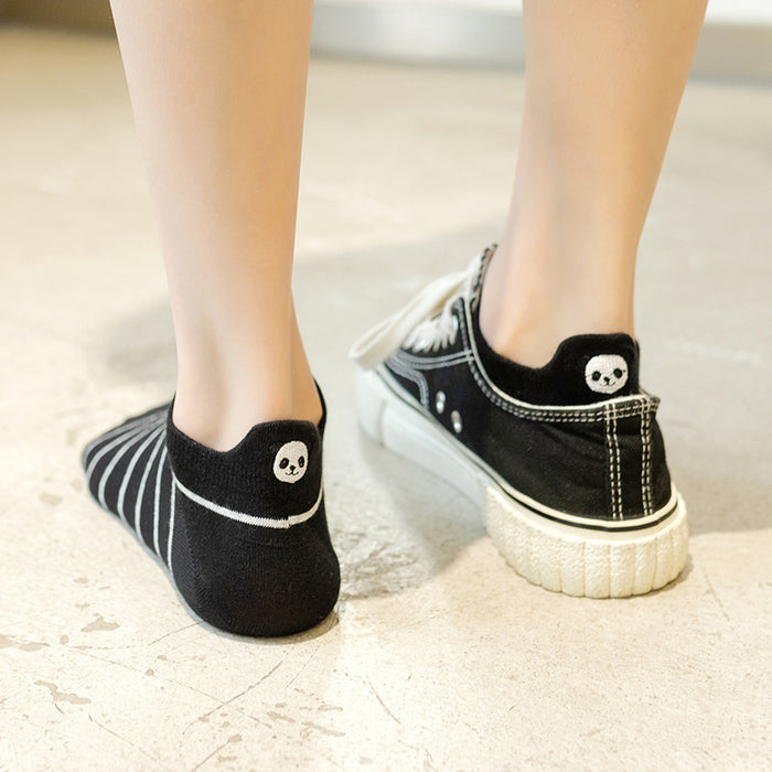 Wholesale Embroidered invisible socks, black and white striped boat socks, cartoon cotton short tube socks