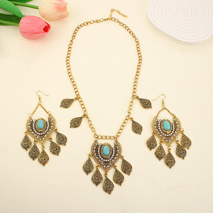 Wholesale Vintage diamond inlaid carved headband necklace set
