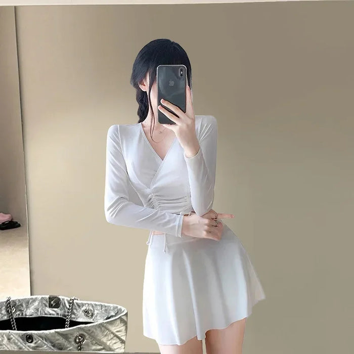 Wholesale Split swimsuit two-piece skirt style long sleeved sun protection sports boxer shorts swimsuit