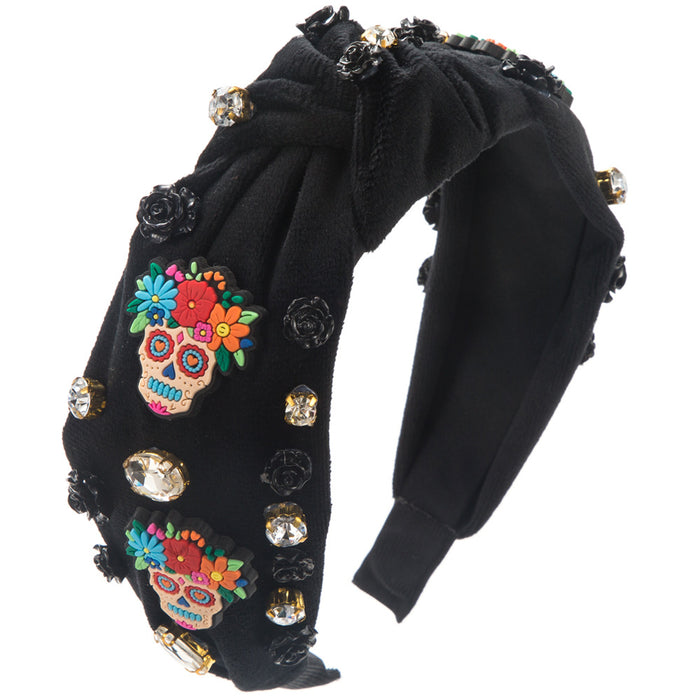 Wholesale Halloween Velvet Cartoon Skull 3D Rose Fabric Wide Brim Headband JDC-HD-HM030