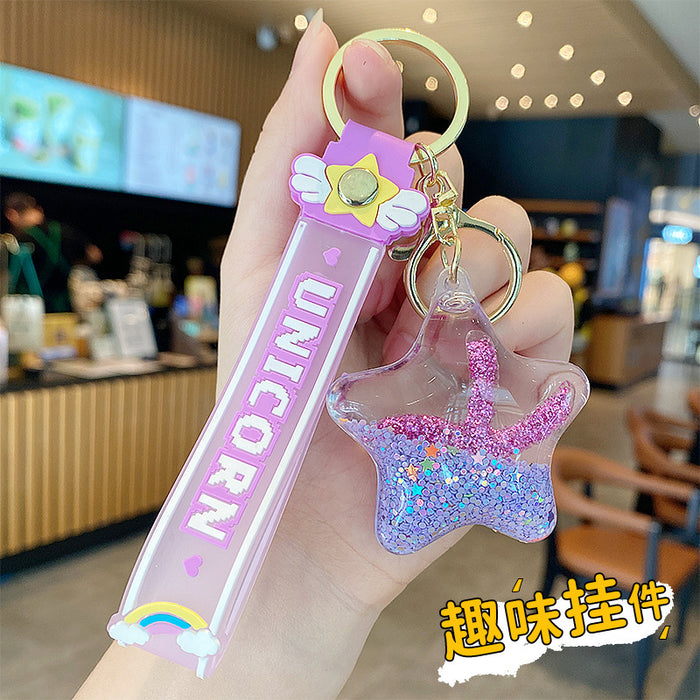 Wholesale Starfish Oil Flow Bottle Keychain Acrylic Pink Gift Bag Charm