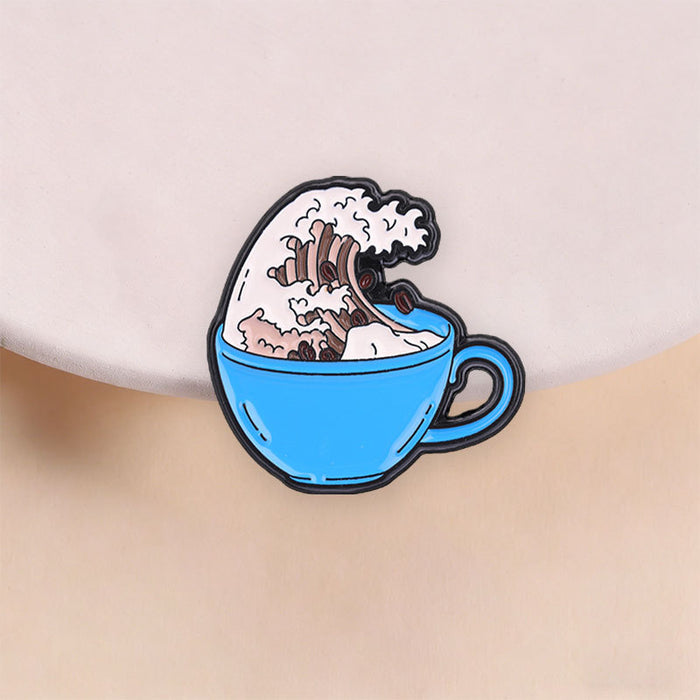 Wholesale Trendy Kanagawa Wave Coffee Cup Brooch Zinc Alloy Badge Bag Accessory