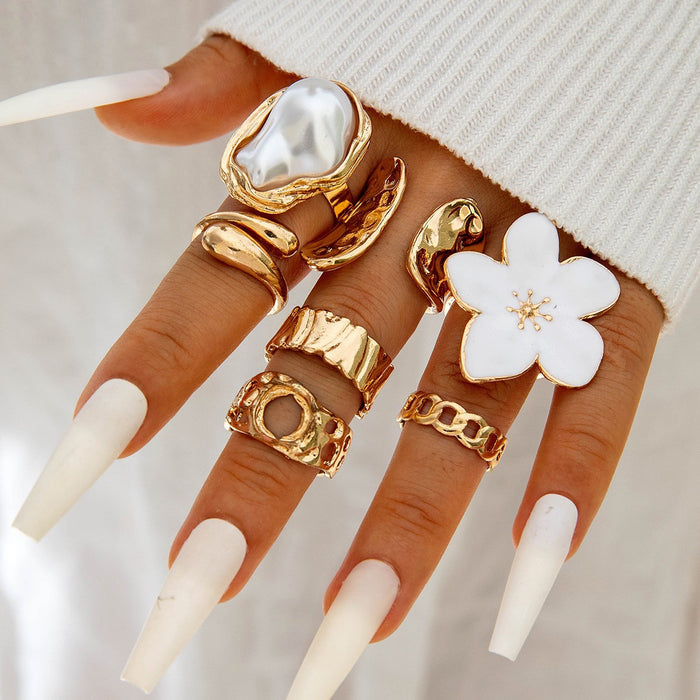 Wholesale Flower Pearl Ring Set – Fashion Accessory Dripping Oil Design MOQ≥5