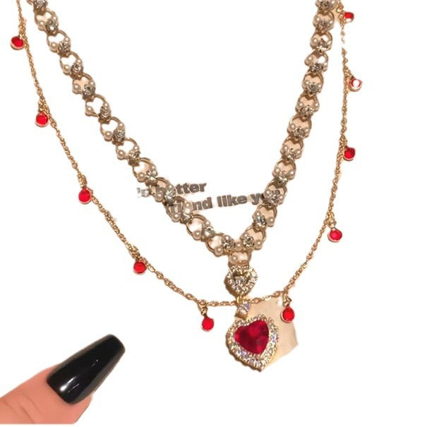 Wholesale Red heart-shaped pearl double layered necklace for a princess, luxurious and high-end, summer collarbone chain