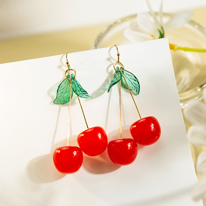 Wholesale Fruit Cherry Earrings Internet Celebrity Ins Delicate Green Leaf Earrings Cartoon Cute Elegant Student Resin Earrings