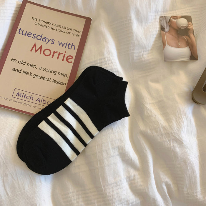 Wholesale Four bar striped boat socks, short socks, low cut pure cotton short tube socks