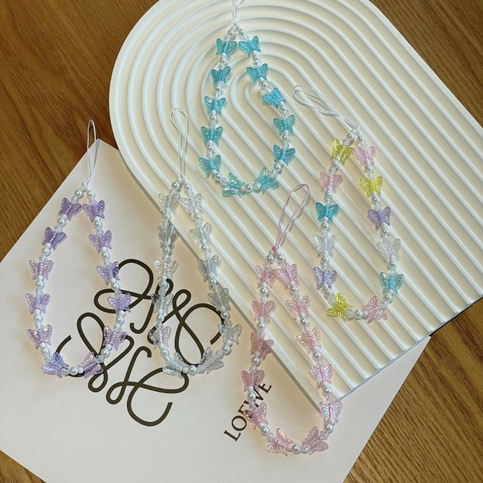 Wholesale Acrylic Imitation Pearl Beaded Mobile Phone Butterfly Mobile Phone Key Hanging Chain