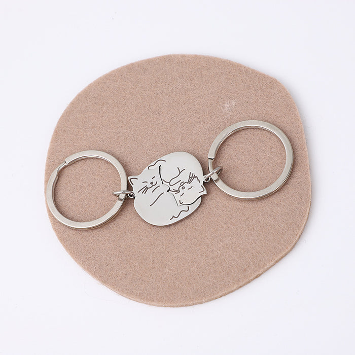 Wholesale cartoon black white cat stainless steel keychain couple jewelry small pendant