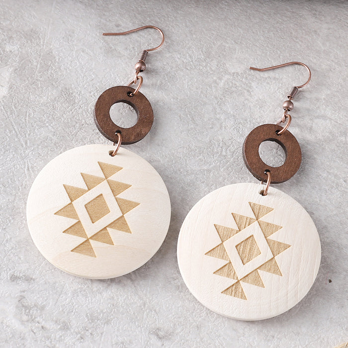 Wholesale Bohemian Western style cactus sun Aztec pattern wooden laser disc ing earrings