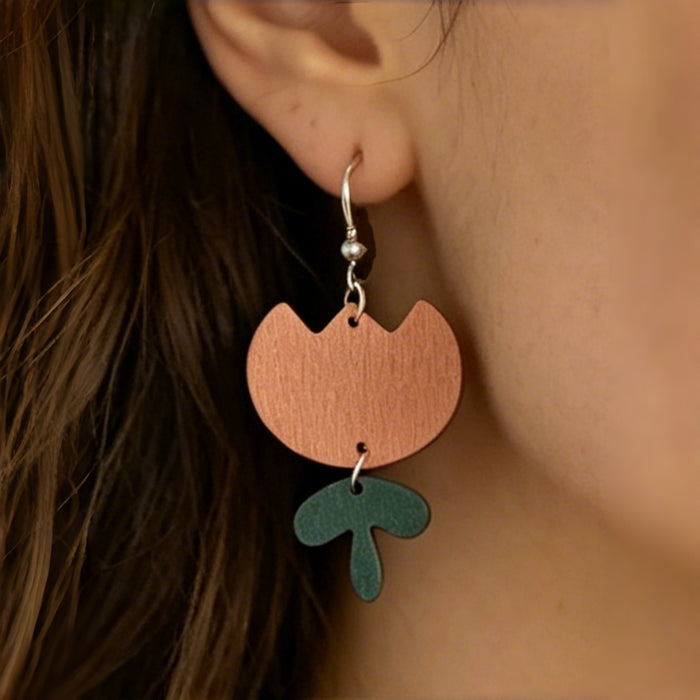 Wholesale Forest Style Orange Pink Tulip Wooden Earrings Double Layer Flower Design