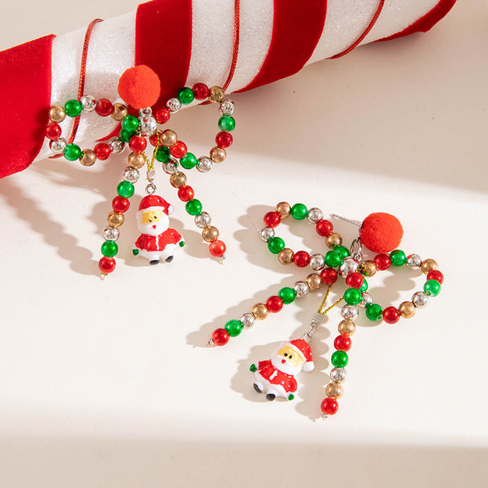 Wholesale Color Beaded Bowknot Hair Ball Earrings Creative Santa Pendant Christmas Earrings